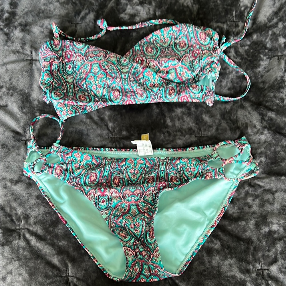 Paisley Print Bikini Set - Green and Pink